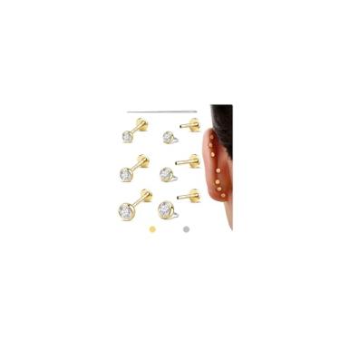 Imagem de GEMQUEEN Brincos de costas planas: Brincos de aço cirúrgico de titânio preenchidos com ouro 14K hipoalergênicos para mulheres e homens 16G 18G cartilagem hélice tragus concha medusa piercing joias