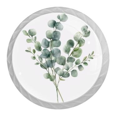 Imagem de EGJHNSKZ Conjunto de 4 puxadores redondos com padrão de eucalipto verde sálvia para gavetas cômodas, puxadores decorativos de armário para cozinha, berçário, banheiro, quarto de crianças