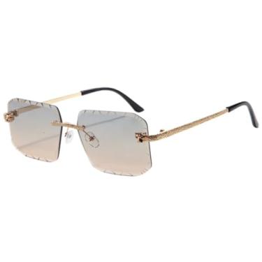 Imagem de VFDHN Óculos de Sol Femininos com Armação Sem Aro e Bordas Recortadas, Hastes Metálicas Torcidas com Lentes Espelhadas e Cor Oceano, Estilo Street Shot (T22155-C3)