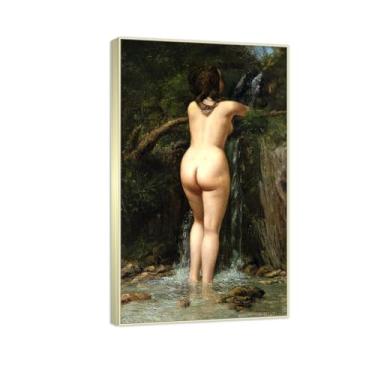 Imagem de Reprodução de pinturas famosas de Gustave Courbet- (The Source) Impressão em tela Imagens de arte de parede para decoração de sala de estar (30 x 51 cm (11,8 x 20,0 pol)/molduras champanhe)