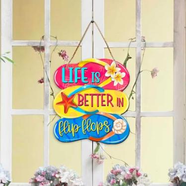 Imagem de Enfeite de pendurar Hello Summer Pantufas multicoloridas, placa, decoração para pendurar ao ar livre, interior, parede, porta da frente