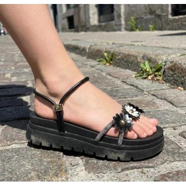 Imagem de Sandalia Papete Feminina Infantil - Laarissa, Preto, Flor, 32