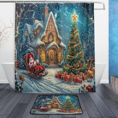 Imagem de xigua Conjunto de tapetes de cortina de banho feliz ano novo 2 peças, conjunto temático de banheiro (152 x 182 cm) com cortina de chuveiro e tapete antiderrapante -12 ganchos242