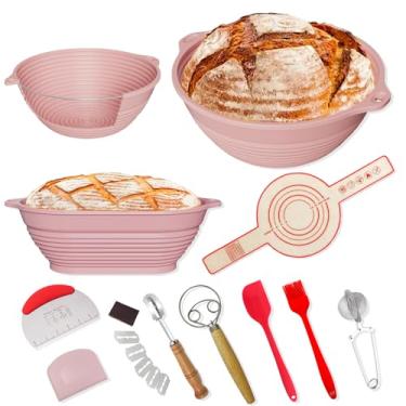 Imagem de Cestas de silicone à prova de pão para fermento, o kit de cesta Banneton inclui cesta dobrável oval de 23 cm e 25 cm, ferramentas essenciais para fazer pão, fácil de limpar e armazenar (rosa)