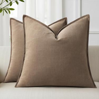 Imagem de decorUhome Capas de almofada decorativas de linho, 50,8 x 50,8 cm, conjunto de 2 capas de almofada marrom cáqui macias, macias, para sofá, cadeira, quarto, sala de estar