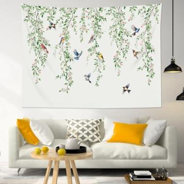 Imagem de HVEST Tapeçaria de folha verde primavera aquarela folhas botânicas rosa floral pássaro tapeçaria de parede para quarto estética cottagecore planta decoração de parede para sala de estar dormitório