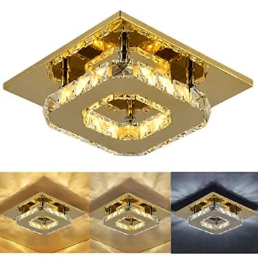 Imagem de Lustre moderno de cristal com LED, luminária retangular para hall de entrada, varanda, sala de jantar e sala de estar, 3000-6000K (Tamanho: 3 cores, Cor: Dourado)