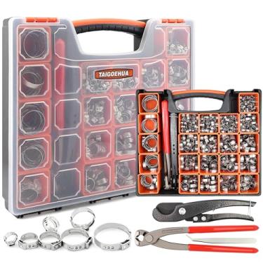 Imagem de 560 peças de braçadeiras de mangueira de orelha única de 16 tamanhos 5,3 a 36,1 mm, kit variado de aço inoxidável 304 com alicate de grampo de orelha, cortador de tubo e pinças para automóvel