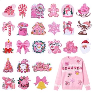 Imagem de 24 peças de adesivos de ferro (rosa) aplique de costura bordado de Natal, Papai Noel, guirlanda de árvore de Natal, boneco de neve, alce, anjo, rena, bengala doce, faça você mesmo, artesanato para