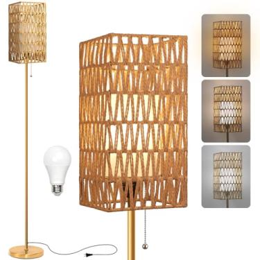 Imagem de Ruiever Luminária de chão para sala de estar, luminária de chão de fazenda, luminária de pé moderna com sombra de vime trabalhada à mão (corpo quadrado de vime cor dourada - lâmpada de 3 cores)