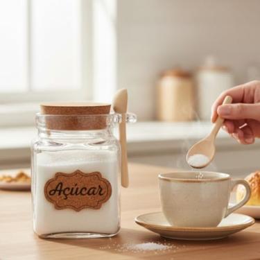 Imagem de Açucareiro Porta Temperos Condimento Vidro Tampa Hermético Colher Bambu 310ml