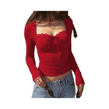 Imagem de Camiseta Crop Elegante E Sexy De Manga Longa Com Patchwork De Renda Pa