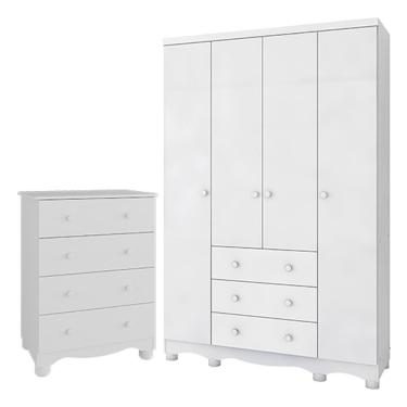 Imagem de Jogo De Quarto Infantil Júnior Guarda Roupa 4 Portas E Cômoda 4 Gavetas Branco Brilho - Móveis Peroba