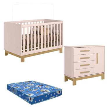Imagem de Kit de Berço Americano e Cômoda Sapateira Q Encanto Slim 4 Gavetas MDP 74 cm Rosa Qmovi