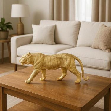 Imagem de Estátua Tigre Decorativo Luxo em Resina Dourado Rico em Detalhes - Par