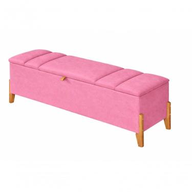 Imagem de Recamier Calçadeira Baú Para Quarto Pés Em Madeira Luxo Decorativo Estofado Casal 140 Cm Rosa Lar Móveis E Decoração