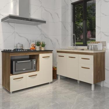 Imagem de Mobília Decor, Gabinete Cozinha Armário Balcão de Pia 120 cm Aline e Balcão para Fogão Cooktop 5 Bocas e Forno Alana Savana Off White