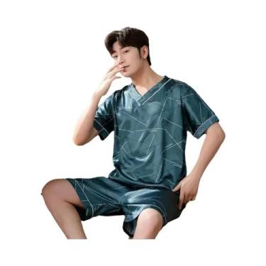 Imagem de Pijama Masculino plus Size De Seda Gelada, Manga Curta, Duas Peças, Es