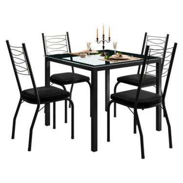 Imagem de Mesa de Jantar 4 Cadeiras Quadrada Preta Tampo de Vidro Artefamol Flor