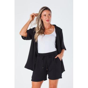 Imagem de Kimono com Barra Reta Manga 3/4 Crepe Preto Virna - Oria, M