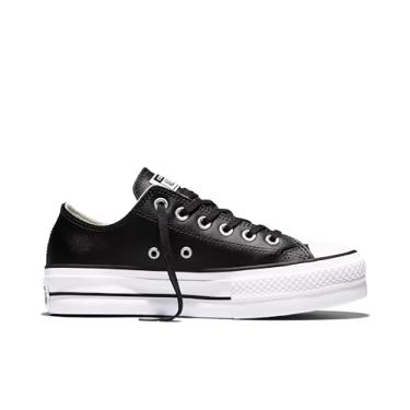 Imagem de Converse Tênis feminino Chuck Taylor All Star Lift plataforma de couro cano baixo, Preto/Preto/Branco, 34