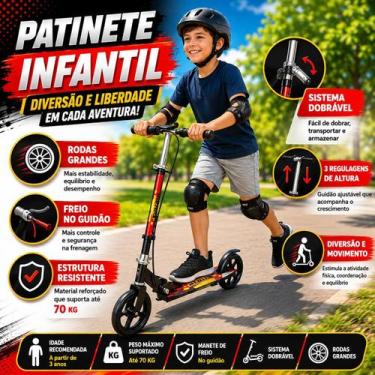 Imagem de Patinete Infantil Dobrável Preto Rodas Grandes Ajustável - UNITOYS