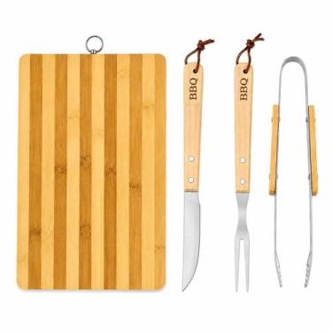Imagem de Kit Churrasco Tábua 24x34 Faca Garfo Pegador Inox e Madeira - Casita