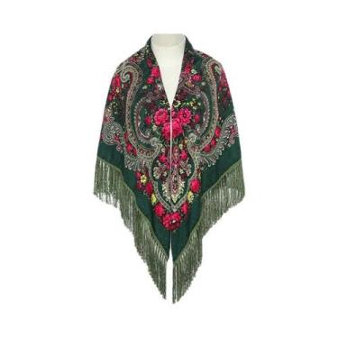 Imagem de Lenço Feminino Retrô De Algodão Estampado Com Franjas 51x51in, Xale, H