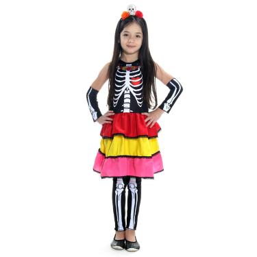 Imagem de Fantasia Caveira Mexicana Vestido Infantil com Tiara - Halloween P