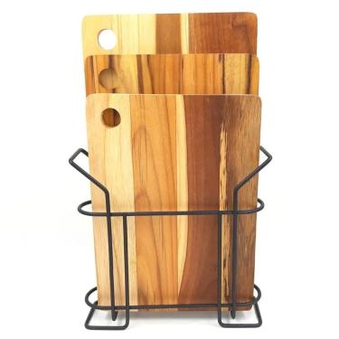 Imagem de Kit 3 Tábuas De Corte Madeira Teca Com Suporte Aramado De Metal Preto Stolf