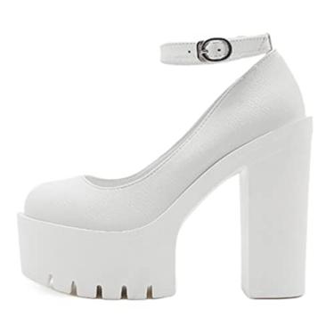 Imagem de Sapato de salto alto sem cadarço plataforma salto agulha salto plataforma para mulheres casamento noiva festa noturna salto alto grosso tira no tornozelo, branco, 36 EU/6 US
