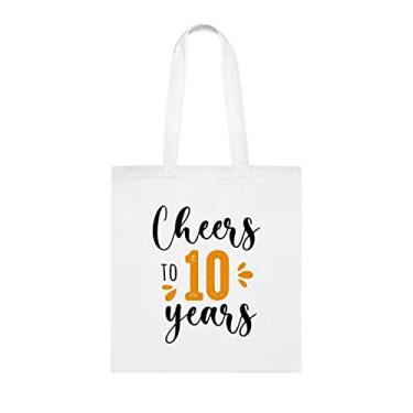 Imagem de Sacola Cheers To 10 anos, presente de 10º aniversário, bolsa de ombro, bolsas reutilizáveis, ideia de presente de cesta de Natal de aniversário, Branco