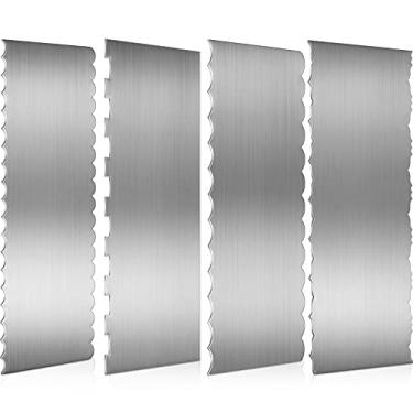 Imagem de 4 peças de raspador de bolo de aço inoxidável macio borda de bolo de 22,8 cm com borda padronizada dupla face raspador mais suave para decoração de bolos de manteiga creme, 4 estilos