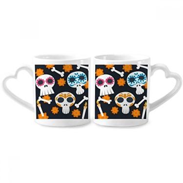 Imagem de Ossos Flor Caveira Mexico Cultura Ilustração Casal Porcelana Conjunto de Caneca Cerâmica Copo Amante Coração Punho