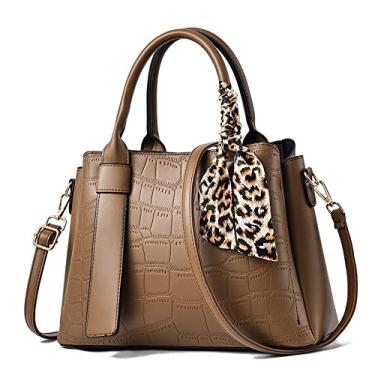 Imagem de Bolsa feminina fashion bolsa alça superior bolsa grande de couro de crocodilo bolsa transversal casual bolsa de ombro, Caqui