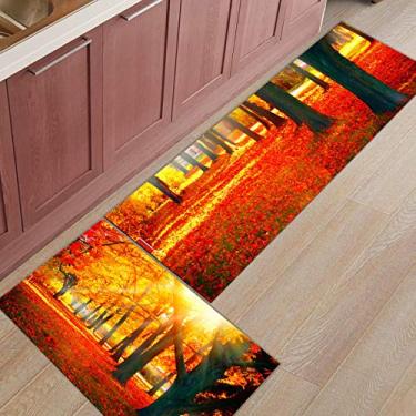 Imagem de Tapete de corredor de cozinha, outono folhas de bordo floresta luz do sol cenário natural antiderrapante tapete de porta tapete tapete para lavanderia quarto banheiro conjunto de 2