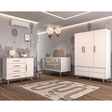 Imagem de Quarto de Bebê Retrô Lorena Completo Berço 3 em 1 Ludmila Guarda Roupa 3 Portas Cômoda Infantil com Porta Branco Fosco Carolina Baby