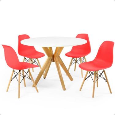 Imagem de Conjunto Mesa de Jantar Redonda Marci Branca 100cm com 4 Cadeiras Eames Eiffel - Vermelho