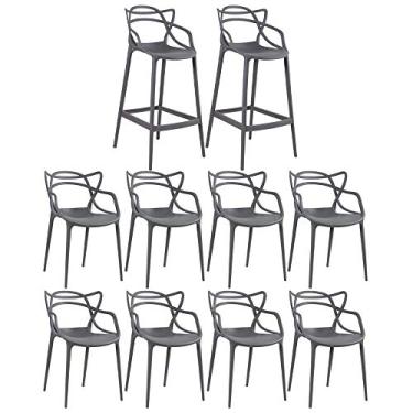 Imagem de Loft7, Kit - 8 x cadeiras + 2 x banquetas altas Masters Allegra - Cinza escuro