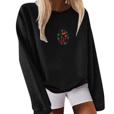 Imagem de Moletom feminino estampado manga longa casual gola redonda pulôver atlético sweashirt moda outono solto top, Preto, 3G
