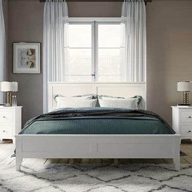 Imagem de Amrkloltd - Cama plataforma de tamanho completo, estrutura de cama de plataforma completa de madeira maciça moderna com cabeceira, suporte de ripas de madeira, sem necessidade de mola box (branco + madeira maciça + cama queen)