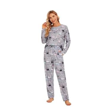 Imagem de Conjunto de pijamas de algodão para mulheres manga comprida com calças macias confortáveis e fofas estampas de gato conjuntos de lounge P-GGG, D2 - Cinza, GG