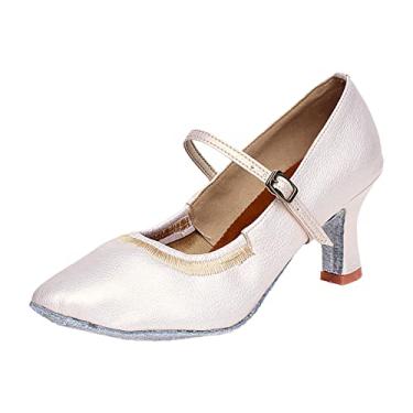 Imagem de Sapatos de dança com salto alto moderno azul-petróleo sapatos de dança de salão sapatos de dança quadrados padrão nacional, Branco, 8.5