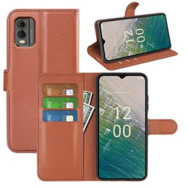 Imagem de Capa de telefone para Nokia C32 4G, couro PU com suporte para cartão de crédito, carteira fina flip com suporte, capa protetora para Nokia C32 4G (marrom)