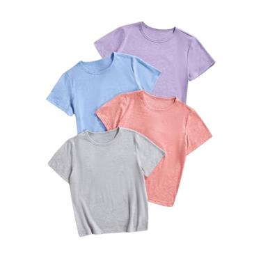 Imagem de SOLY HUX Camiseta básica de manga curta com gola redonda para meninas, pacote com 4 roupas de verão, Roxo, azul, rosa, cinza, 14 Anos