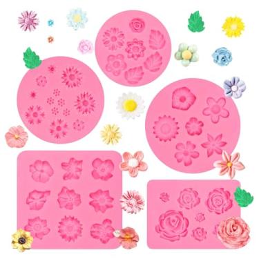 Imagem de Muyulin Mini moldes de fondant de silicone, 5 pacotes de moldes de chocolate rosa plumeria orquídea crisântemo para decoração de bolo de aniversário, topos de cupcake, artesanato de açúcar, biscoitos,