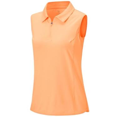 Imagem de BGOWATU Camisetas polo femininas de golfe sem mangas com zíper 1/4 com gola proteção UV secagem rápida, Laranja, XXG