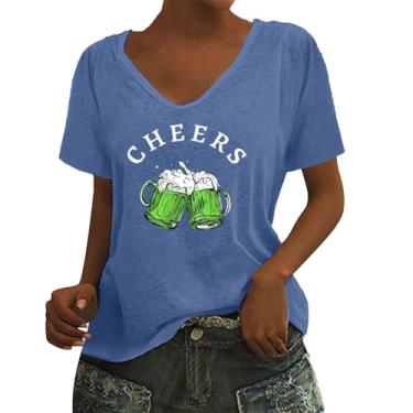 Imagem de Camiseta feminina do dia de São Patrício com estampa de trevo da bandeira irlandesa, túnica verde, camiseta de verão de manga curta, Azul, 3G