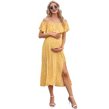 Imagem de Vestido de maternidade tomara que caia tomara que caia vestido maxi casual para chá de bebê, amarelo, floral, GG