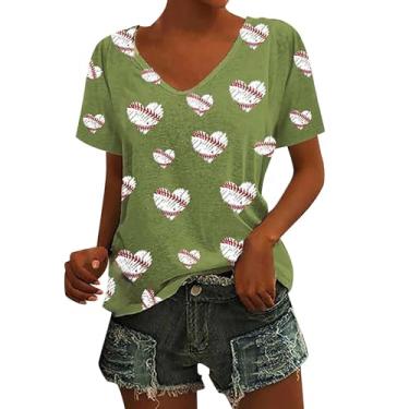 Imagem de Camiseta feminina de beisebol, estampada, manga curta, gola V, folgada, presentes engraçados, túnica, camiseta de verão, Verde, M
